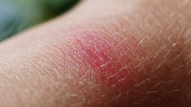 Macro view of localized red swelling on skin, suggesting mild irritation or insect bite with visible inflammation and texture