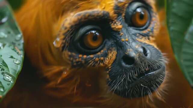 Golden snub-nosed monkey peering through lush green jungle foliage with intense gaze. Wildlife conservation and exotic animal habitat exploration