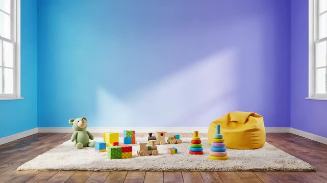 A bright room transforms into a vibrant children's playroom. Colorful toys and a cozy rug fill the cheerful space.