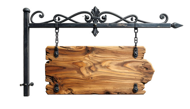 Ornate iron bracket with wooden sign, weathered appearance, dark background, ready for text