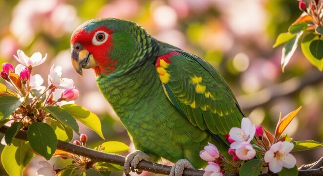 Vibrant Red-Lored Amazon Parrot Perched Amidst Delicate Pink Blossoms in Nature