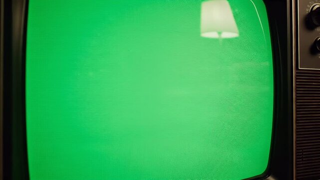 Vintage television with a green screen displaying a lamp reflection and wood paneling