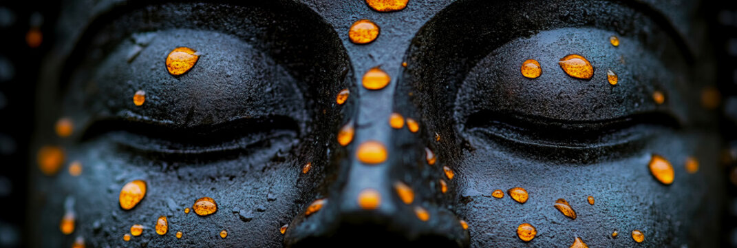 Close-up extreme detail macro shot of weathered dark stone Buddha statue face, with many glowing amber-orange water droplets clinging to its textured surface, creating ethereal and contemplative atmos