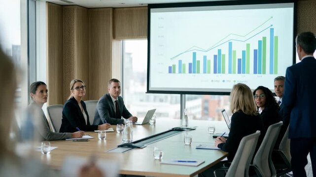 Boardroom session with a focus on a confident executive presenting loan yield stats via projector other members and charts out of focus.