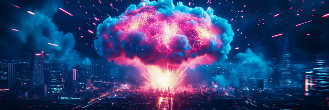 Neon-drenched city skyline explodes with massive, vibrant mushroom cloud of pink and blue energy, illuminated by streaks of light descending from dark, cosmic sky, creating surreal and apocalyptic sce