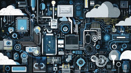 Fototapeta premium An intricate collage showcasing modern technology elements including circuits, devices, and cloud imagery