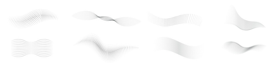 Dotted halftone waves set. Flowing wavy lines patterns. Abstract liquid shapes, wave effect dotted gradient textures. Curve textures with halftone circular point isolated on white background © kasheev