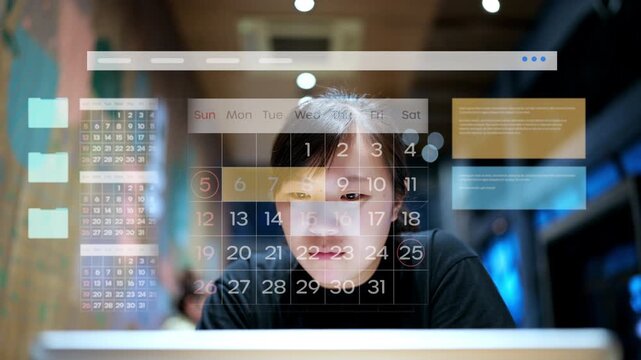 Focused Asian woman planning schedule with digital calendar holographic interface, concept of time management, productivity, work organization and future business planning.