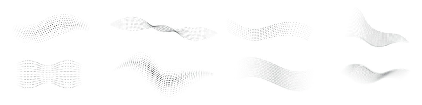 Dotted halftone waves set. Flowing wavy lines patterns. Abstract liquid shapes, wave effect dotted gradient textures. Curve textures with halftone circular point isolated on white background