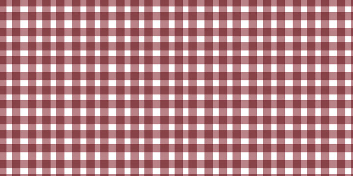 Seamless and tileable gingham plaid pattern, with classic checkered design of deep burgundy red and white squares.