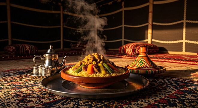  Steaming couscous and tea service presented inside a traditional tent dining setting