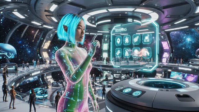 Futuristic digital hologram woman neon space technology sci fi control interface with advanced innovation, cosmic exploration, virtual artificial intelligence, modern glowing cyber architecture