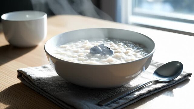 Steaming Bowl of Oatmeal With Blueberries and Spoon on a Wooden Table