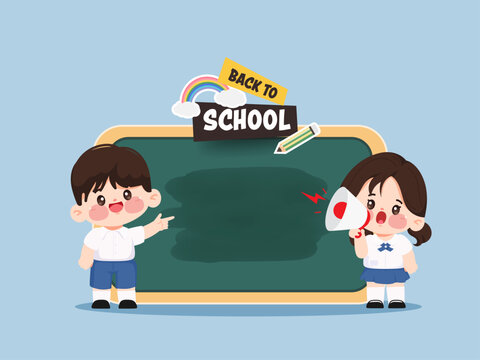 Cute cartoon student back to school concept with blackboard background.