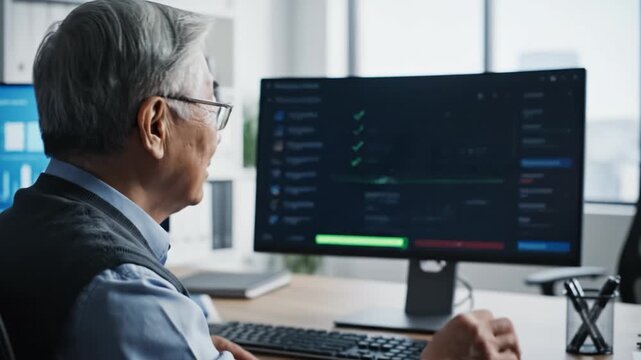 Senior man with gray hair and glasses desk using computer monitor, focused checklist and technology modern office, professional workspace, digital interface, cybersecurity, data protection