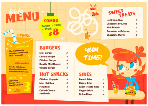 Colorful kids menu design featuring burgers, drinks and sweet treats with playful character illustration. Bright restaurant menu layout suitable for fast food restaurants, family cafes, diners and chi