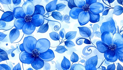 Fototapeta premium Watercolor, flower, seamless, background, hand-painted, abstract, botanical, illustrations, pattern, blue, leaves, design, art, texture, nature, decoration, floral, seamless, artistic, colorful, creat