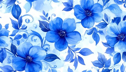 Fototapeta premium Watercolor, flower, seamless, background, hand-painted, abstract, botanical, illustrations, pattern, blue, leaves, design, art, texture, nature, decoration, floral, seamless, artistic, colorful, creat