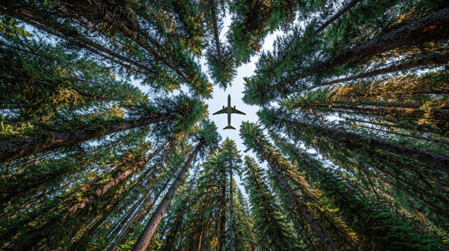 xtreme low-angle shot looking straight up. A dense pine forest lines the sides of the frame, with the underbelly of an airplane visible in the sky at the center of the image