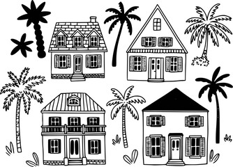 Fototapeta premium Hand drawn black and white tropical island houses and palm trees collection home