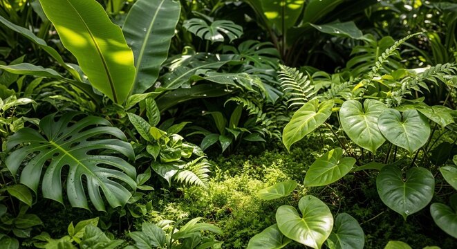 Lush Green Tropical Foliage and Exotic Plants in a Vibrant Jungle Setting.