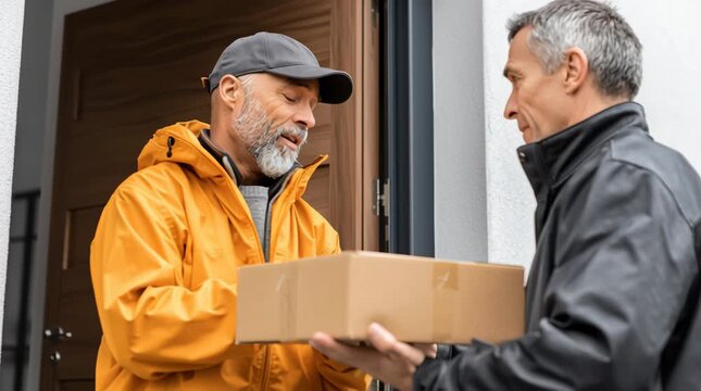 Handheld tracking shot of delivery worker handing package to homeowner at front door on residential porch during daytime exchange