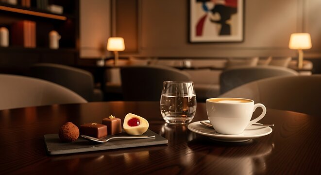 Luxury coffee break with gourmet chocolates and water in elegant lounge setting