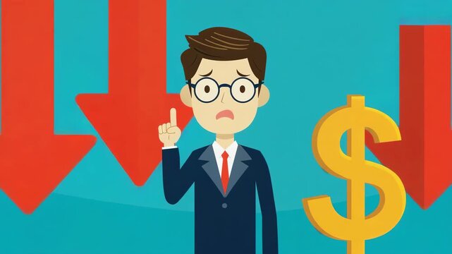Worried Businessman with Dollar Symbol and Downward Arrows Showing Financial Decline