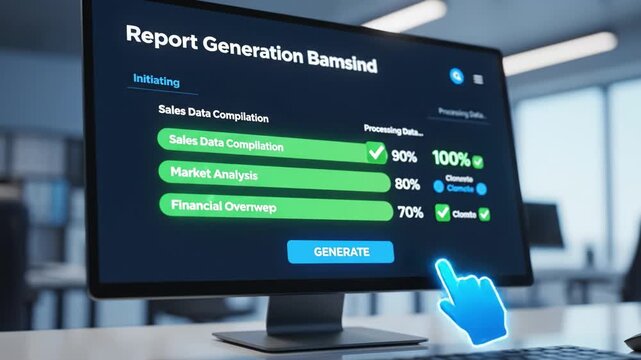 Report generation computer screen data compilation market analysis financial overview progress bar digital interface office business technology sales data processing workplace modern professional