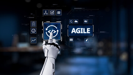 A robotic hand interacts with a digital interface representing agile methodologies and...