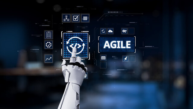 A robotic hand interacts with a digital interface representing agile methodologies and technological advancement, symbolizing innovation and effectiveness in businesses. Synapse