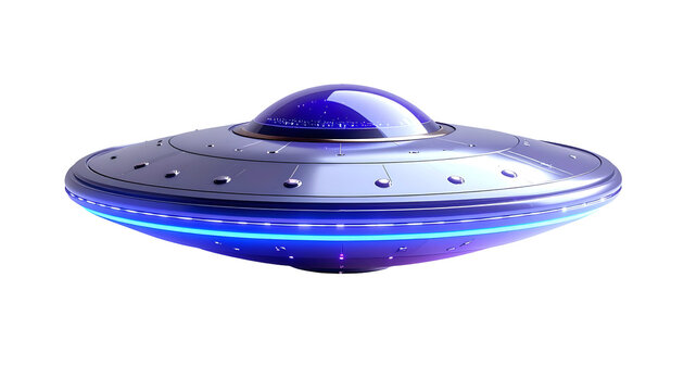 A shiny silver spacecraft with a rounded top and glowing blue lights isolated on black
