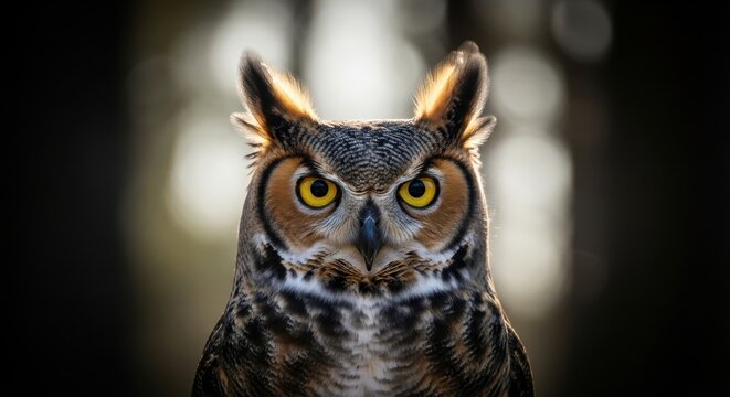 Intense gaze of a great horned owl with piercing yellow eyes in a forest setting