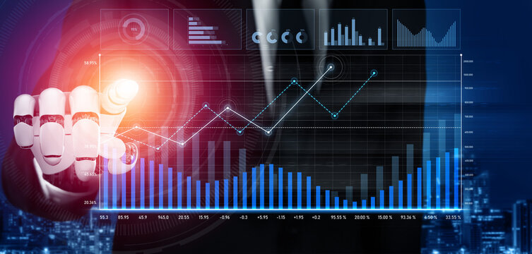 A businessman in a suit points at a digital graph showcasing financial growth and statistics, reflecting modern technology and analytics in a corporate setting. Scalp