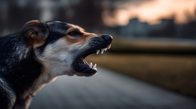 Angry dog bares sharp teeth, snarling fiercely