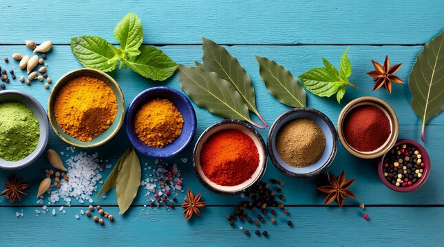 Panning shot of assorted spices and herbs in bowls arranged and scattered on blue wooden table topdown kitchen surface with salt and peppercorns