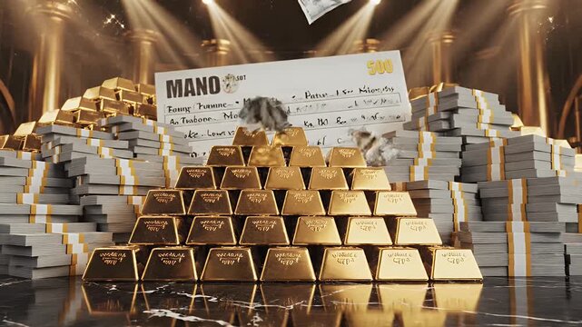 A large pile of gold bars and stacks of cash with a check in the background