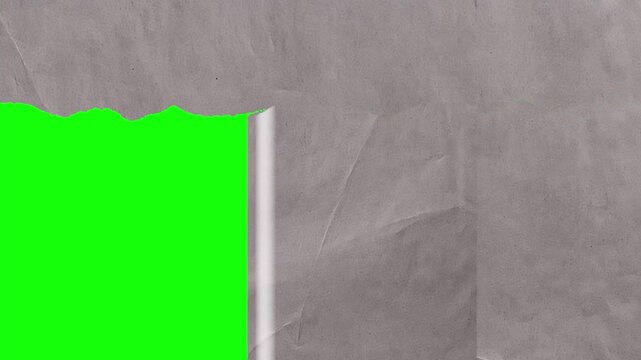 Torn paper green screen corner on gray paper texture background torn paper, green screen, ripped corner, paper texture, gray background, chroma key, overlay frame, copy space, template, transition