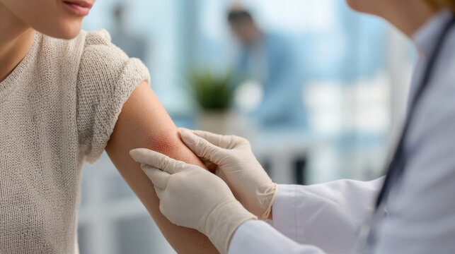 Doctor examining irritated skin on patient arm in clinic focusing on rash diagnosis and dermatology consultation