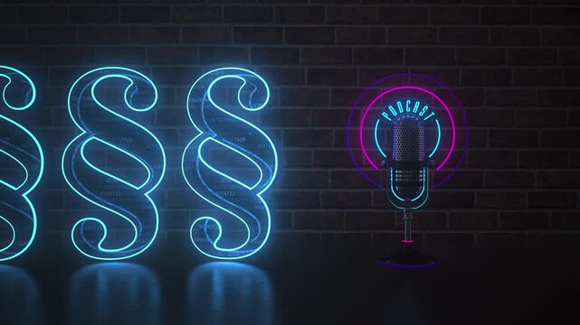 Podcast Mic with Paragraph Symbols and Digital Data Background. 4k video ProRes 4444.