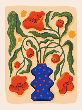 Red flowers with long green leaves in blue polka dot vase. Flat illustration with grain texture on beige background. Design for poster, greeting card, postcard, wallpaper, print.