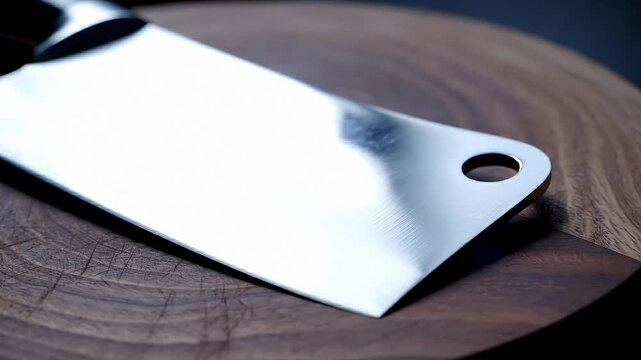 Close-Up of a Sharp Meat Cleaver Resting on a Wooden Cutting Board