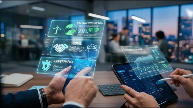 Businessman using tablet and smartphone with ESG icon overlay. Concept of sustainable business, environmental responsibility, social impact, and good corporate governance in digital era.