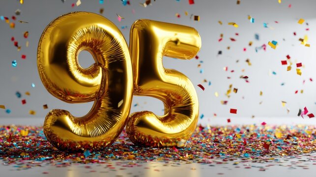 Gold balloon numbers "95" with confetti on white background, ideal for a 95th birthday or anniversary celebration.