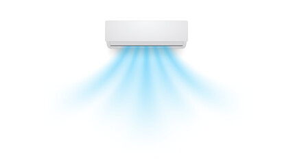 Air conditioner airflow depicted as cool blue streams coming from wall mounted unit. Image shows gentle distribution of cold air in clean minimal style. Modern vector illustration.