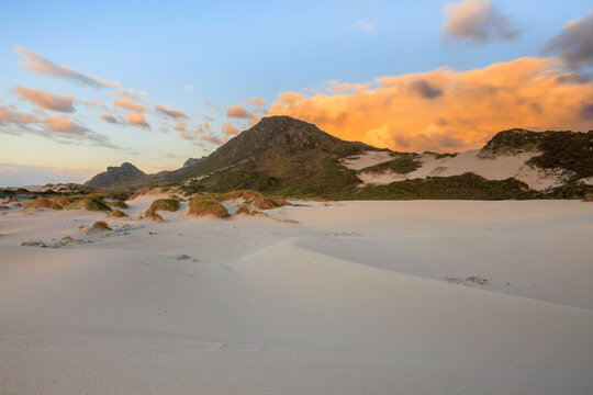 View of golden light kissing the dunes as mountains rise against a dramatic sky, a serene landscape capturing nature's beauty, Betty's Bay, South Africa.