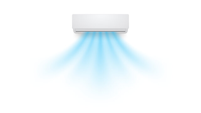Air conditioner airflow depicted as cool blue streams coming from wall mounted unit. Image shows gentle distribution of cold air in clean minimal style. Modern vector illustration.