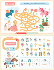 Fototapeta premium Medieval fantasy activity set for kids: maze and I spy game featuring knight, princess, dragon, and unicorn. Educational cartoon illustrations for children. Printable activity page.
