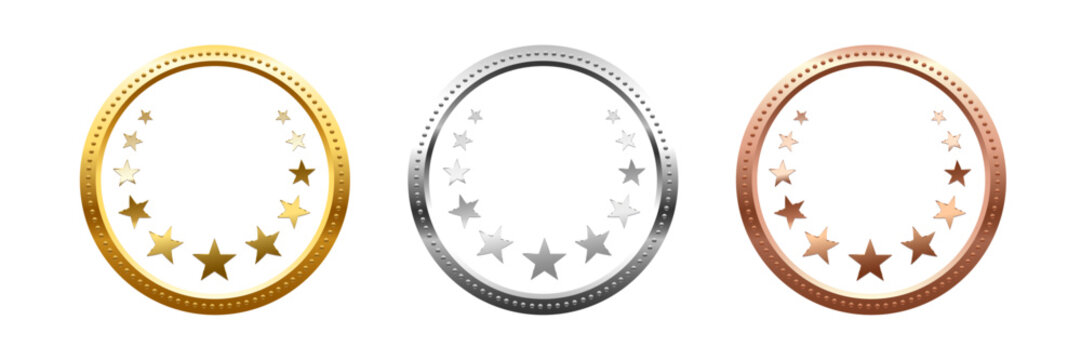 Gold, silver and bronze circular award frames with glowing stars on white. Shiny metallic rings symbolizing first, second and third place. Luxury badge set. Realistic vector illustration.