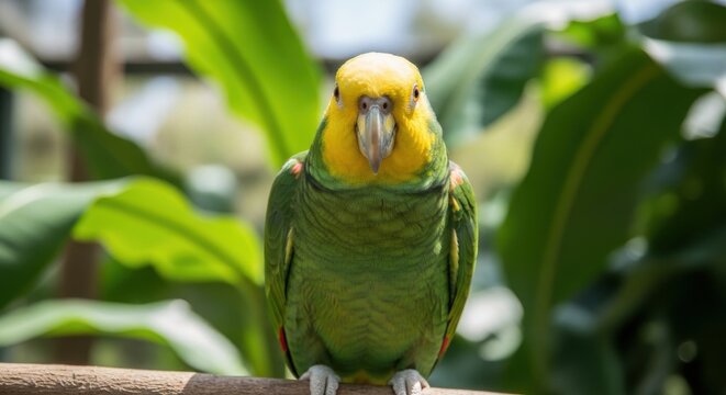 Double Yellow-headed Amazon Parrot perched on a branch amidst lush green foliage, a vibrant avian portrait in its natural habitat.